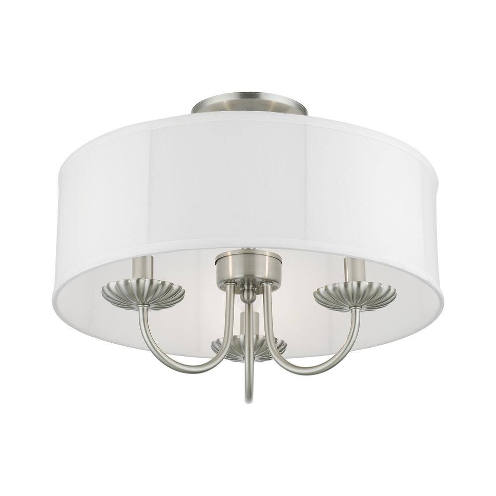 Brookdale Brushed Nickel 3-Light Semi-Flush Mount with Off-White Drum Shade