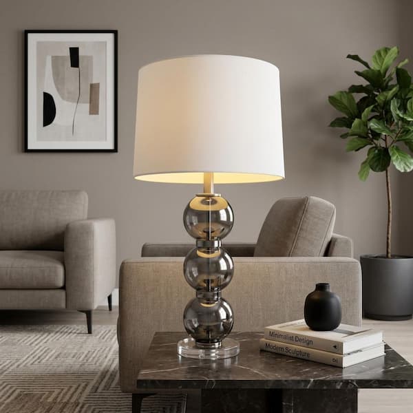 29 in. Gray Glass Ball Table Lamp with Crystal Base