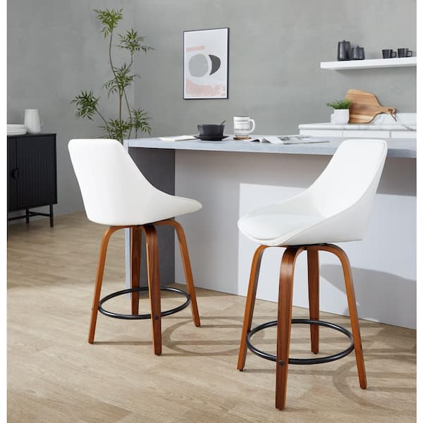 Lumisource Diana 24.75 in. White Faux Leather, Walnut Wood, and Black Metal Fixed-Height Counter Stool (Set of 2)