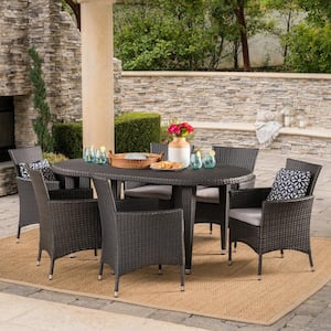 Jax Grey 7-Piece Plastic Oval Outdoor Dining Set with Silver Cushions