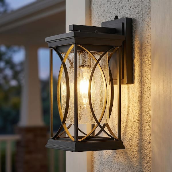 Black Outdoor Wall Lantern 13.8 in. Dusk to Dawn Hardwired with