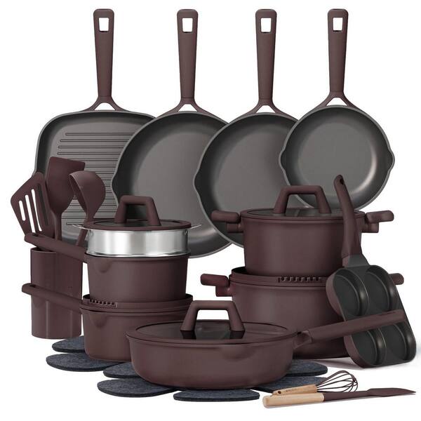 31-Piece Nonstick Aluminum Cookware Set with Lids in Coffee, Induction Titanium Cookware Non-toxic Granite Cooking Set