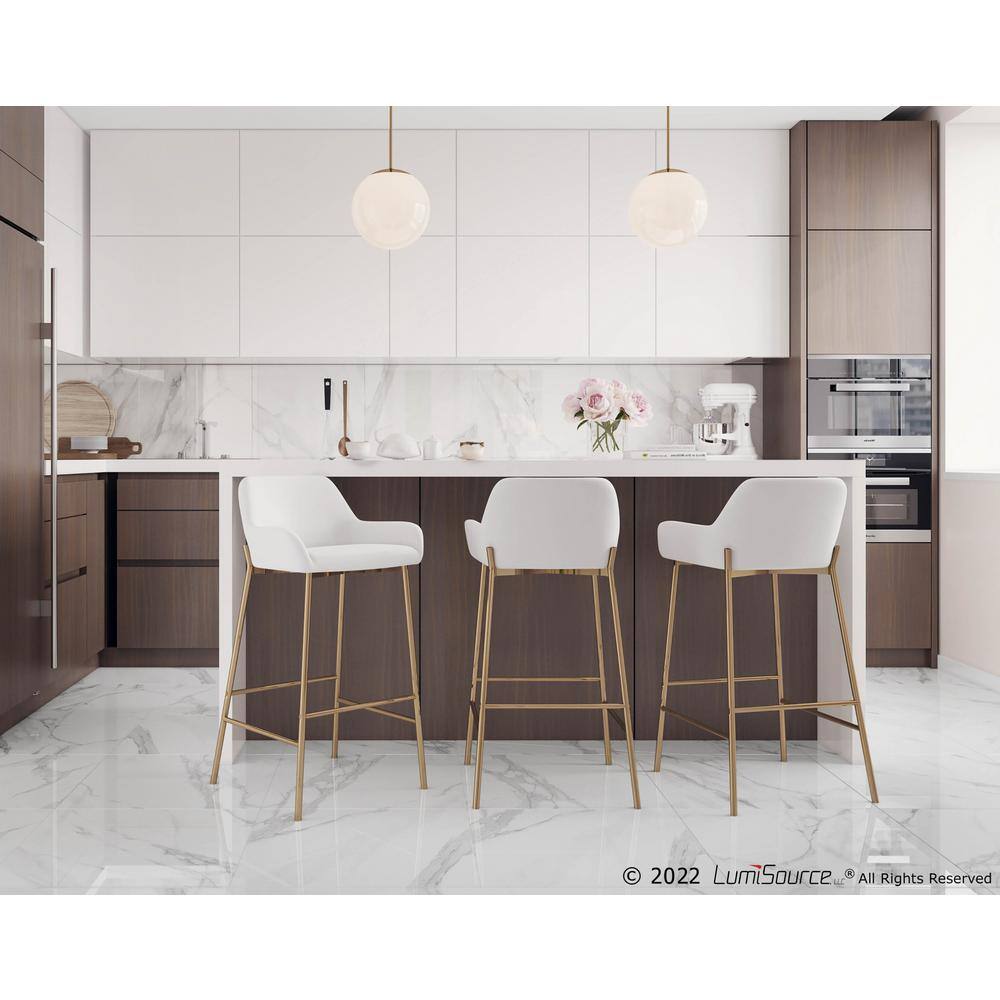 Contemporary Gold Metal and White Faux Leather Barstools, Set of 2