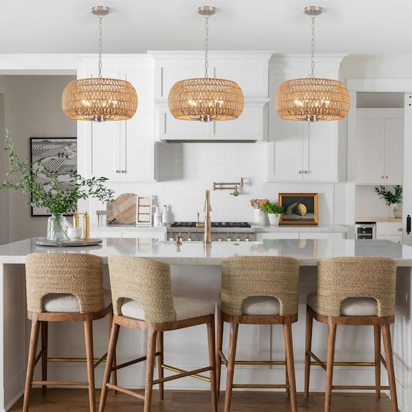 18.89 in. 6-Light Nickel Round Drum Hemp Rope Rattan Boho Chandelier with Brown Hemp Rope Shade for Foyer Dining Room