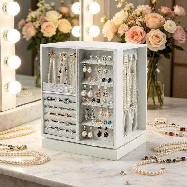 ilemong Jewelry Box 360° Rotating Jewelry Organizer Vertical Jewelry Storage Case for Necklace, Earrings, Bracelets, White
