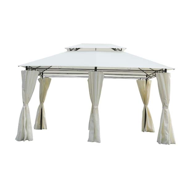 10 ft. x 13 ft. Beige Outdoor Patio Gazebo With Ventilated Double Roof And SideWall for Lawn, Garden, Backyard