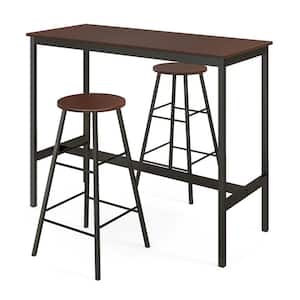 Brown 3 Pieces Bar Table Set with Dining Table and 2 Round Stools