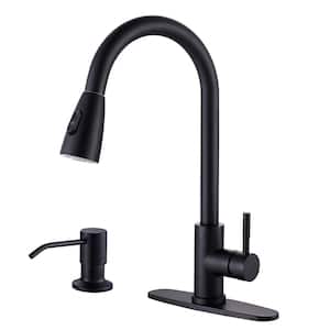Single Handle Pull Down Sprayer Kitchen Faucet with Deckplate and Soap Dispenser in Matte Black