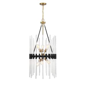 Santiago 6-Light Matte Black with Warm Brass Accents Pendant Light with Clear Crystals