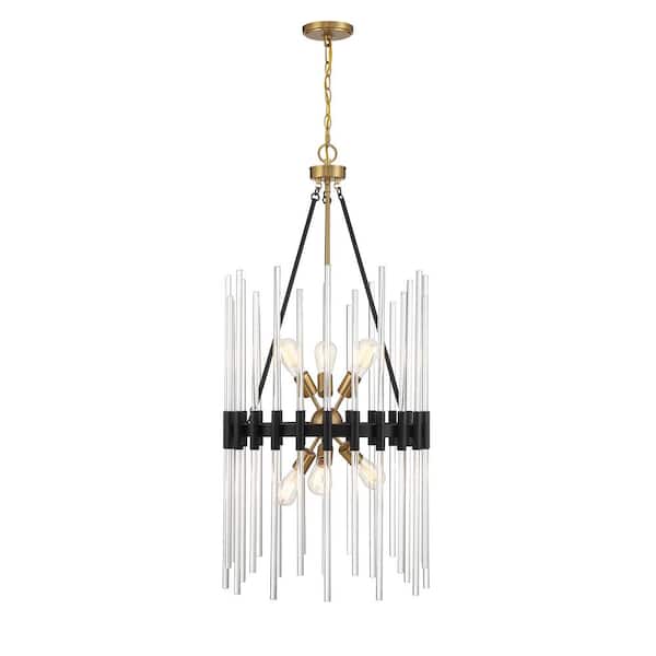 Savoy House Santiago 6-Light Matte Black with Warm Brass Accents Pendant Light with Clear Crystals