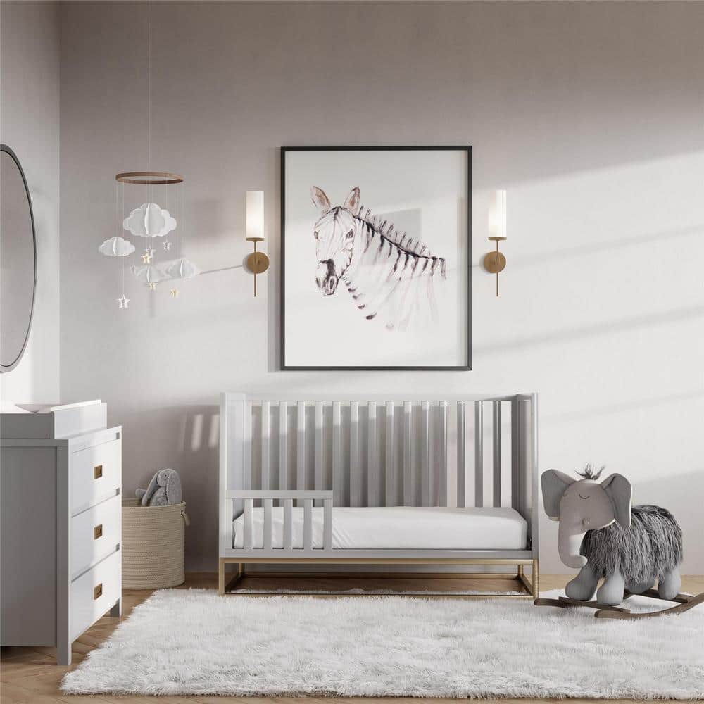 Dove Gray 3-in-1 Convertible Wood Crib with Gold Metal Base