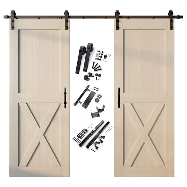 HOMACER 42 in. x 96 in. X-Frame Tinsmith Gray Double Pine Wood Interior Sliding Barn Door with Hardware Kit, Non-Bypass