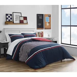 Twin XL Full Queen King Navy Blue White Gray Striped 3 pc Comforter Set Bedding 