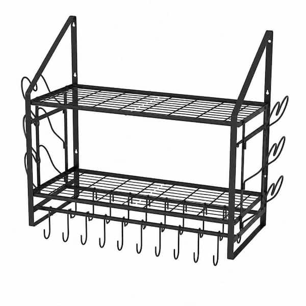 34.7 in. L x 13 in. W x 26.4 in. H 2-Tier Black Wall Mounted Pot Rack with 20-Hooks and 6-Pot Lid Holders