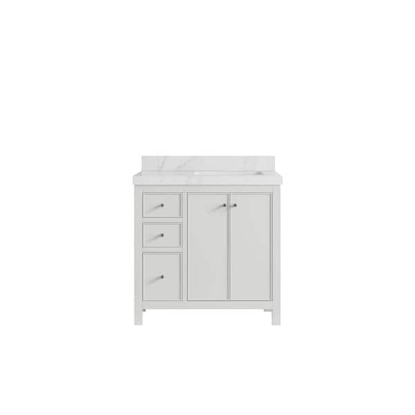 Willow Collections Chicago 36 in. Right Offset Sink Freestanding White Bath Vanity with Calacatta Sienna Qt. Top Unassembled