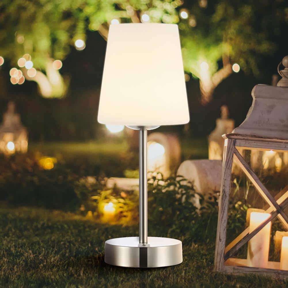 Nickel Cordless Rechargeable LED Table Lamp with Frosted Glass Shade