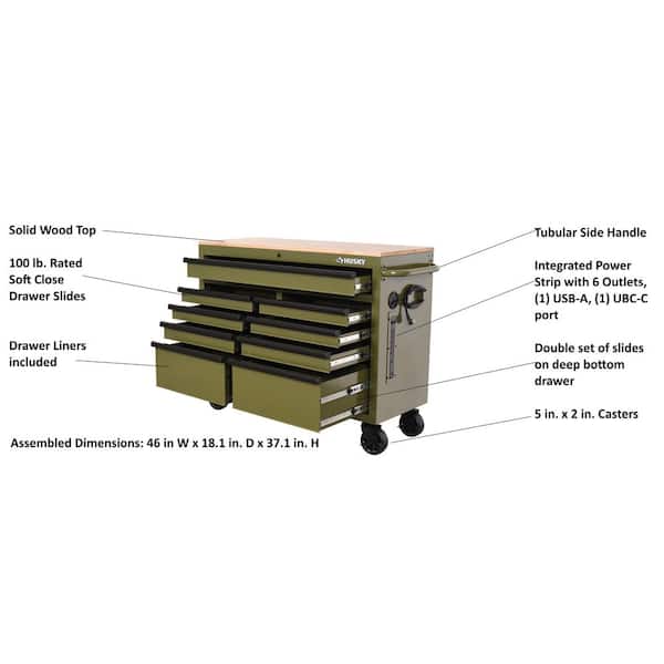 46 in. W x 18.1 in. D 9-Drawer Army Green Mobile Workbench Cabinet with Solid Wood Top