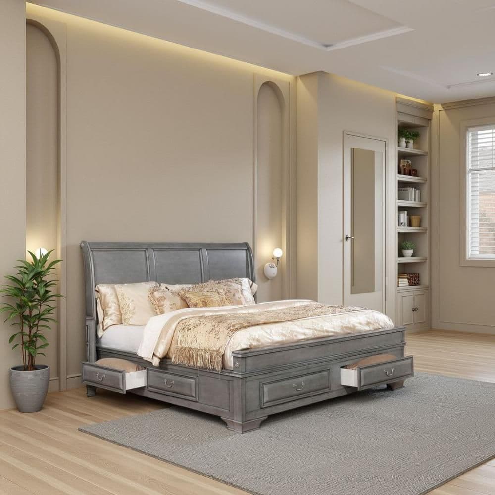 小物 25AW BED J.W FORD FiveFingersGlove Gray Benjara Gray Wood Frame Queen Size Panel Bed with Storage BM207575