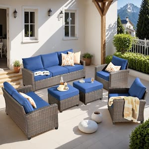 Solidago Brown 6-Piece Wicker Outdoor Patio Conversation Seating Set with Navy Blue Cushions