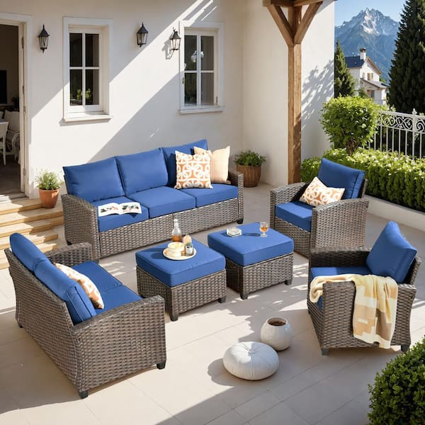 XIZZI Solidago Brown 6-Piece Wicker Outdoor Patio Conversation Seating Set with Navy Blue Cushions