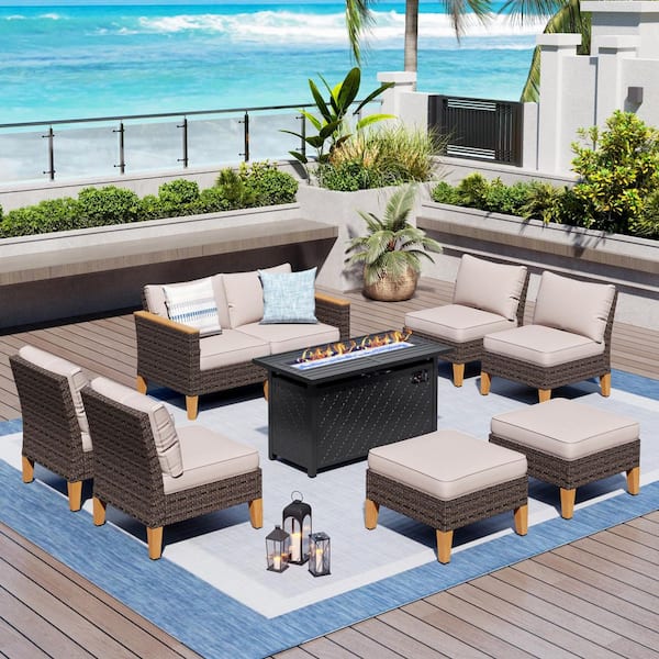 PHI VILLA Brown Wicker Rattan 8 Seat 9-Piece Steel Outdoor Patio Conversation Set with Beige Cushions, Rectangular Fire Pit Table