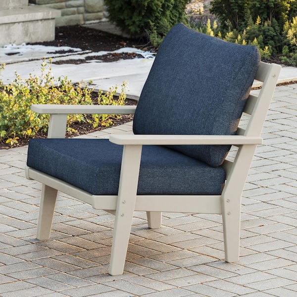 Grant Park Sand Deep Seating Plastic Outdoor Lounge Chair with Stone Blue Cushion