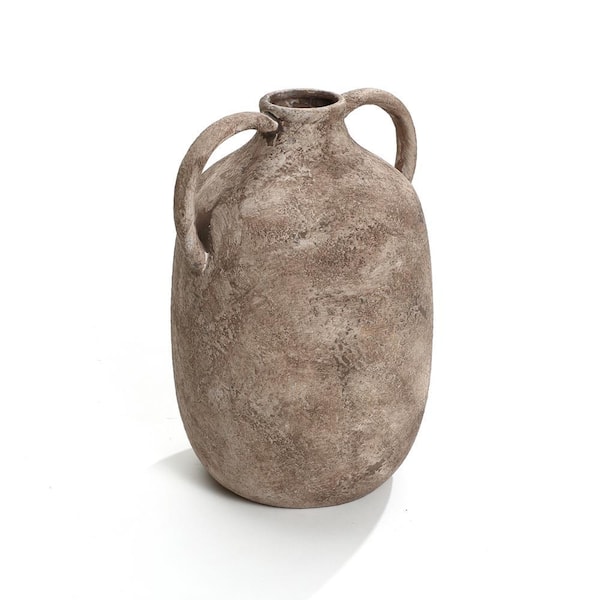 LuxenHome 11.5 in. Marble Brown Ceramic Pitcher Vase with Handles