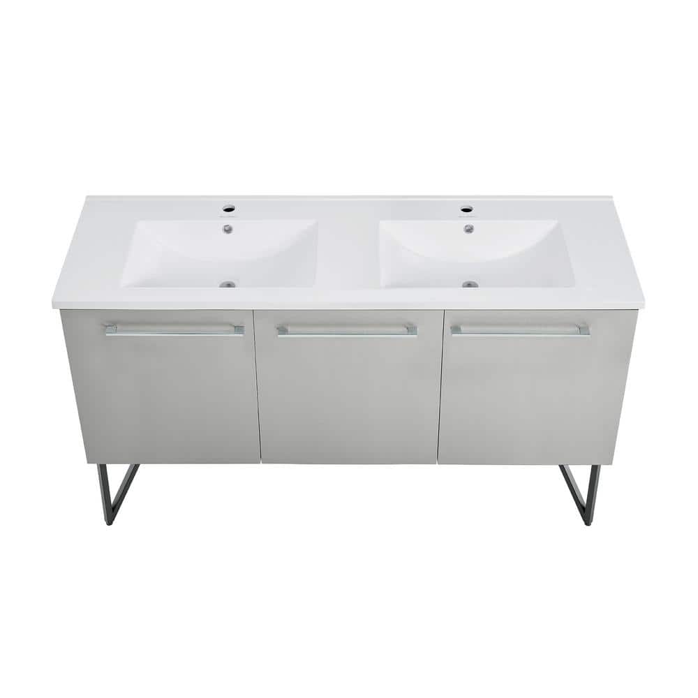 Annecy 60" Double Gray Freestanding Bathroom Vanity with Ceramic Top