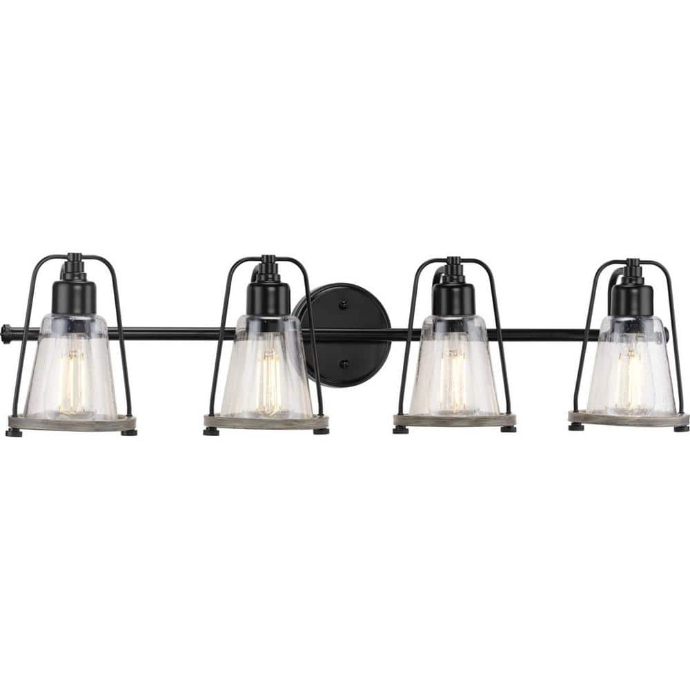 Conway Matte Black Steel 4-Light Bath Vanity with Clear Seeded Glass