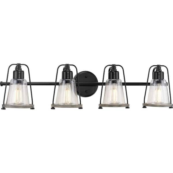 Progress Lighting Conway 4-Light Matte Black Clear Seeded Glass Farmhouse Wall Light