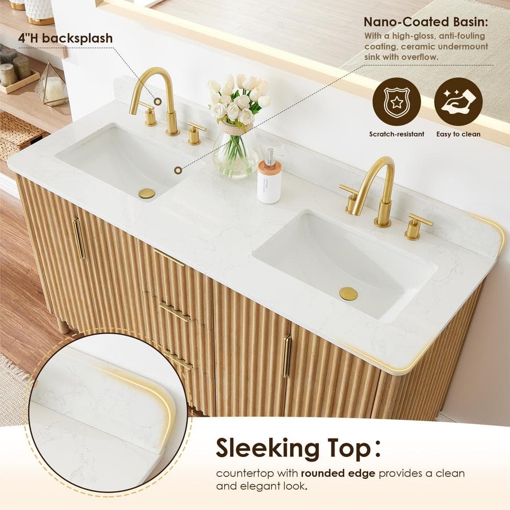 Sierra 60" Washed Light Brown Double Vanity with Engineered Stone Top