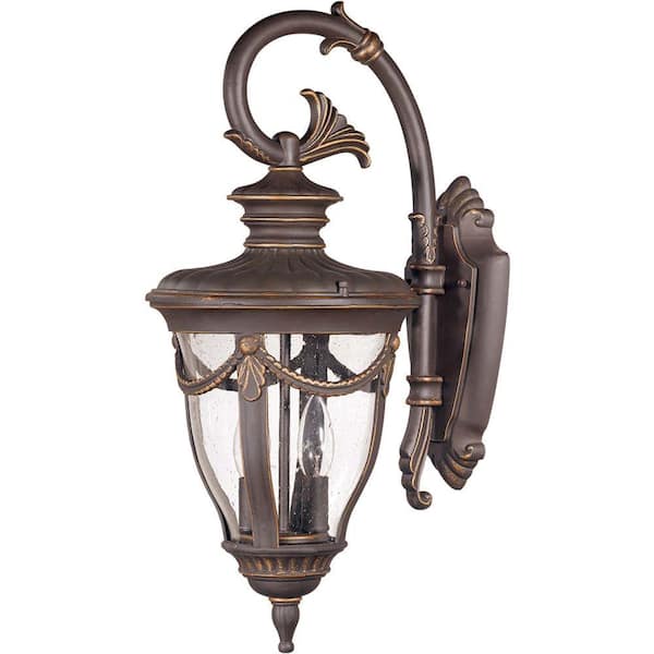 Glomar 2-Light Outdoor Belgium Bronze Mid-Size Wall Lamp with Arm Down and Seeded Glass