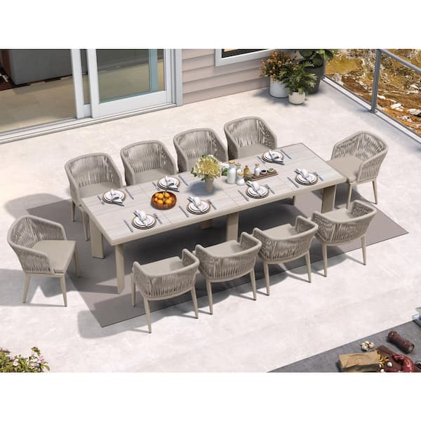 PURPLE LEAF 11-Piece Aluminum Wicker Dining Table and Armchairs Patio Outdoor Dining Set Champagne Furniture Set with Cushions