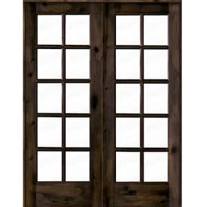 56 in. x 80 in. Knotty Alder Universal/Reversible 10-Lite Clear Glass Black Stain Wood Double Prehung French Door