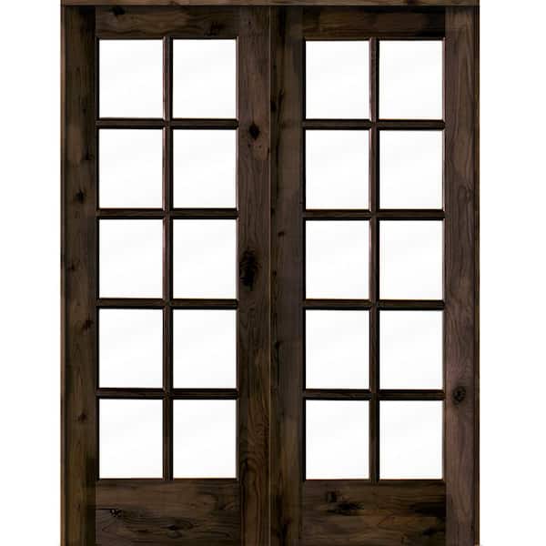 Krosswood Doors 56 in. x 80 in. Knotty Alder Universal/Reversible 10-Lite Clear Glass Black Stain Wood Double Prehung French Door