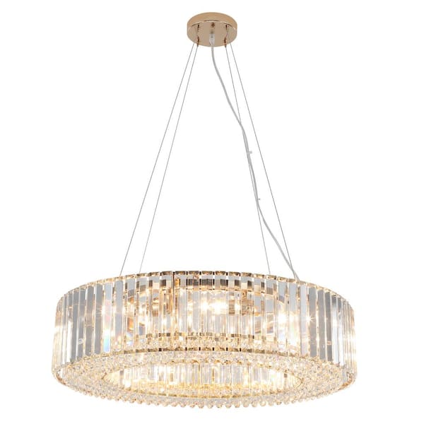 8-Light Gold Modern Crystal Chandelier Drum Pendant Hanging Light for Living Room