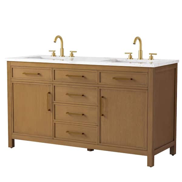 Logan 60 in. W Bath Vanity in Caramel with Engineered Stone Top in Carrara White with White Sinks