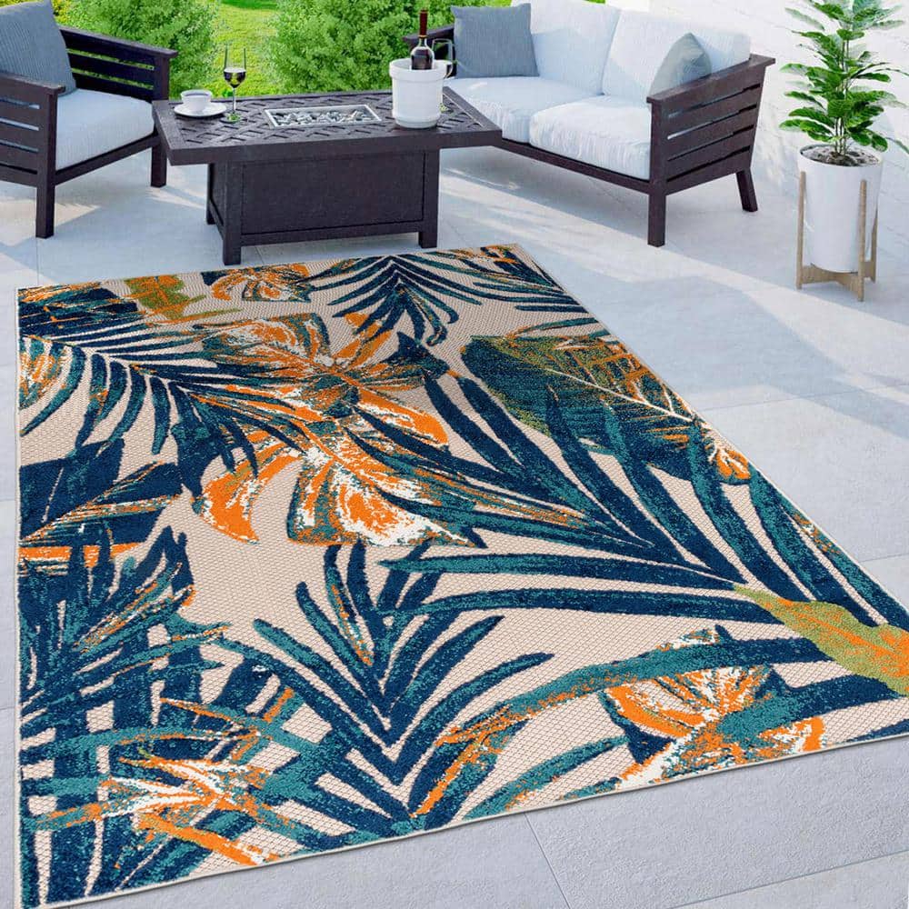 Tropical Floral Leaves Multi 5' x 7' Flat Woven Area Rug