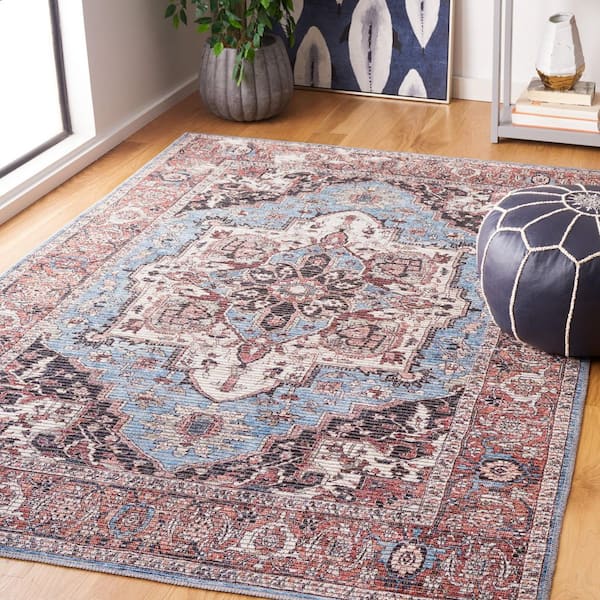 Serapi Blue/Rust 4 ft. x 6 ft. Machine Washable Border Ornate Medallion Area Rug