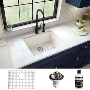 QU- 820 Quartz 24.38 in. Single Bowl Undermount Kitchen Sink in White with Bottom Grid and Strainer