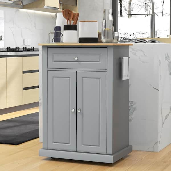 Grey Solid Wood Top 18 in. Kitchen Island Cart with 2 Door Cabinet and Drawers