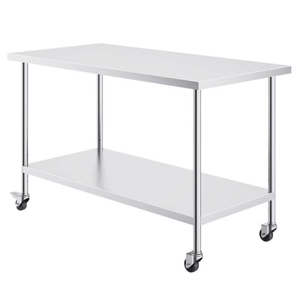 SKYSHALO Stainless Steel Work Table Silver Kitchen Prep Table 30 x 60 x 38 In, with 4 Wheels, 3 Adjustable Height Levels