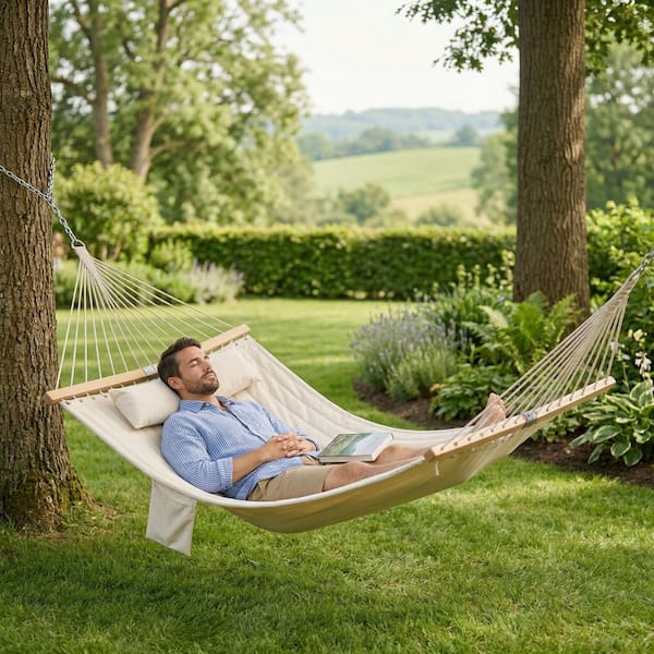 2-Person Beige Wood Porch Swing, Patio Swing Chair Double Hammock