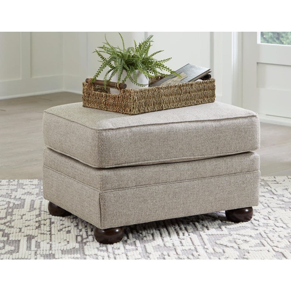 Beige Herringbone Upholstered Ottoman with Bun Legs