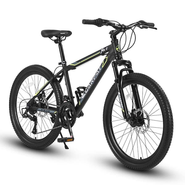 24 in. Steel Frame Bike Shimano 21 Speed Mountain Bicycle with Daul Disc Brakes and Front Suspension MTB Black+Green