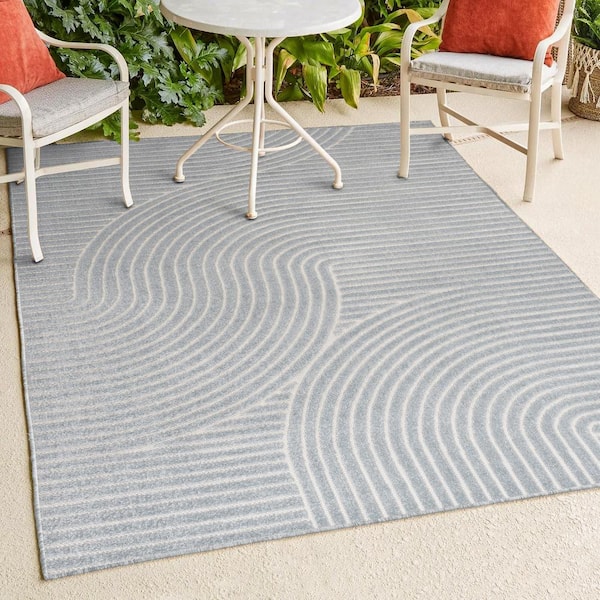JONATHAN Y Hallie High-Low Minimalist Curve Geometric Light Blue/Cream 3 ft. x 5 ft. Indoor/Outdoor Area Rug