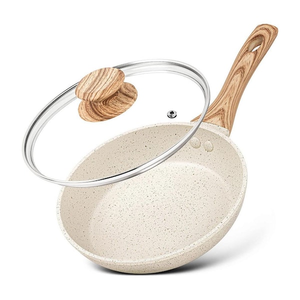 8 Inch Nonstick White Granite Frying Pan with Glass Lid Non-Toxic Coating Anti-Scald Handle for All Stoves