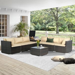 8-Piece Black Wicker Outdoor Furniture Set Sectional Sofa Couch with Washable Brown Cushions for Patio Balcony Porch
