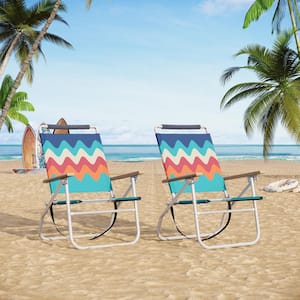 Folding Camping Beach Chair 3 Position Reclining With Cooler Bag Wooden Armrest Blue(2-Pack)