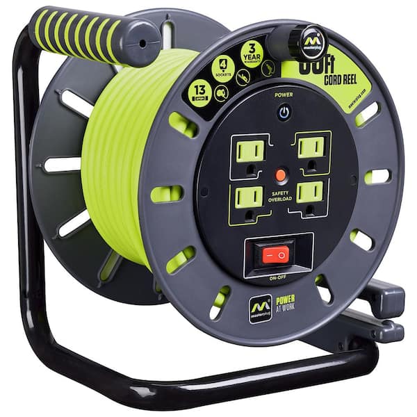 Masterplug 60 ft. 14/3 Wire Gauge General Purpose Indoor/Outdoor Grey/Green Extension  Cord Reel with 4-Outlets 3852290 - The Home Depot